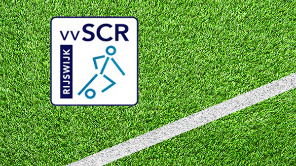 Logo voetbalclub Rijswijk - VV SCR - Voetbalvereniging Sport Club Rijswijk - in kleur op grasveld met witte lijn - 600 * 337 pixels